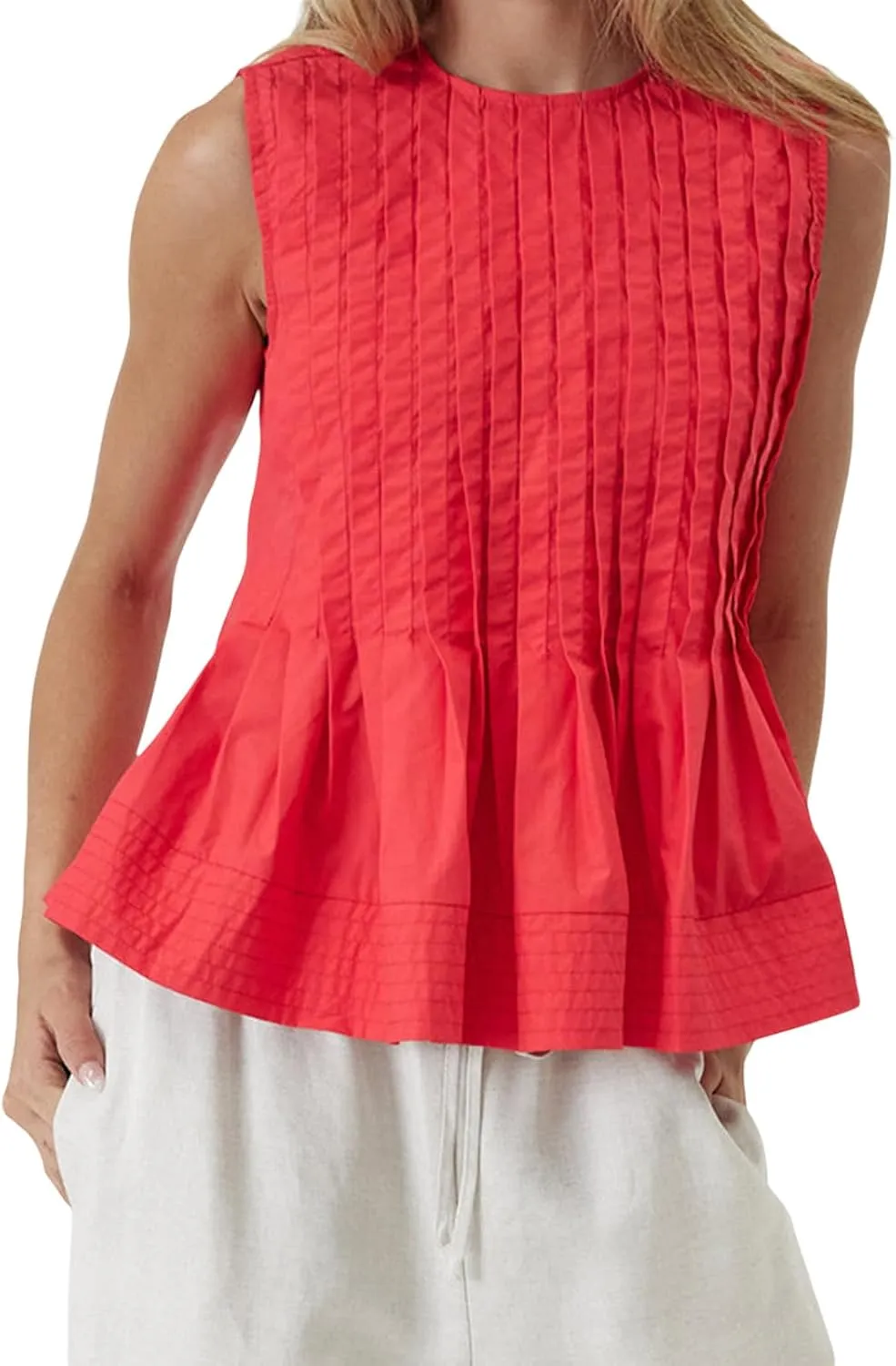 Linen Pleated Tank Top for Women Button Front Babydoll Shirt Y2K Sleeveless Ruffle Peplum Blouse Summer Vest
