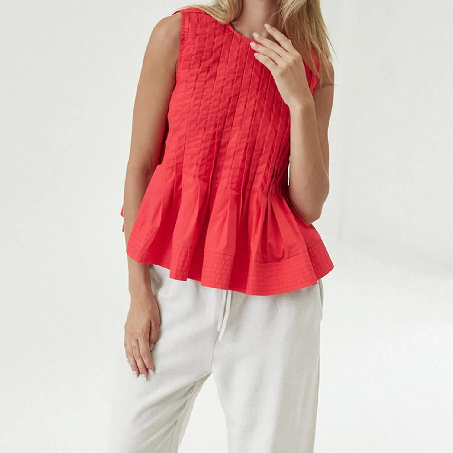 Linen Pleated Tank Top for Women Button Front Babydoll Shirt Y2K Sleeveless Ruffle Peplum Blouse Summer Vest