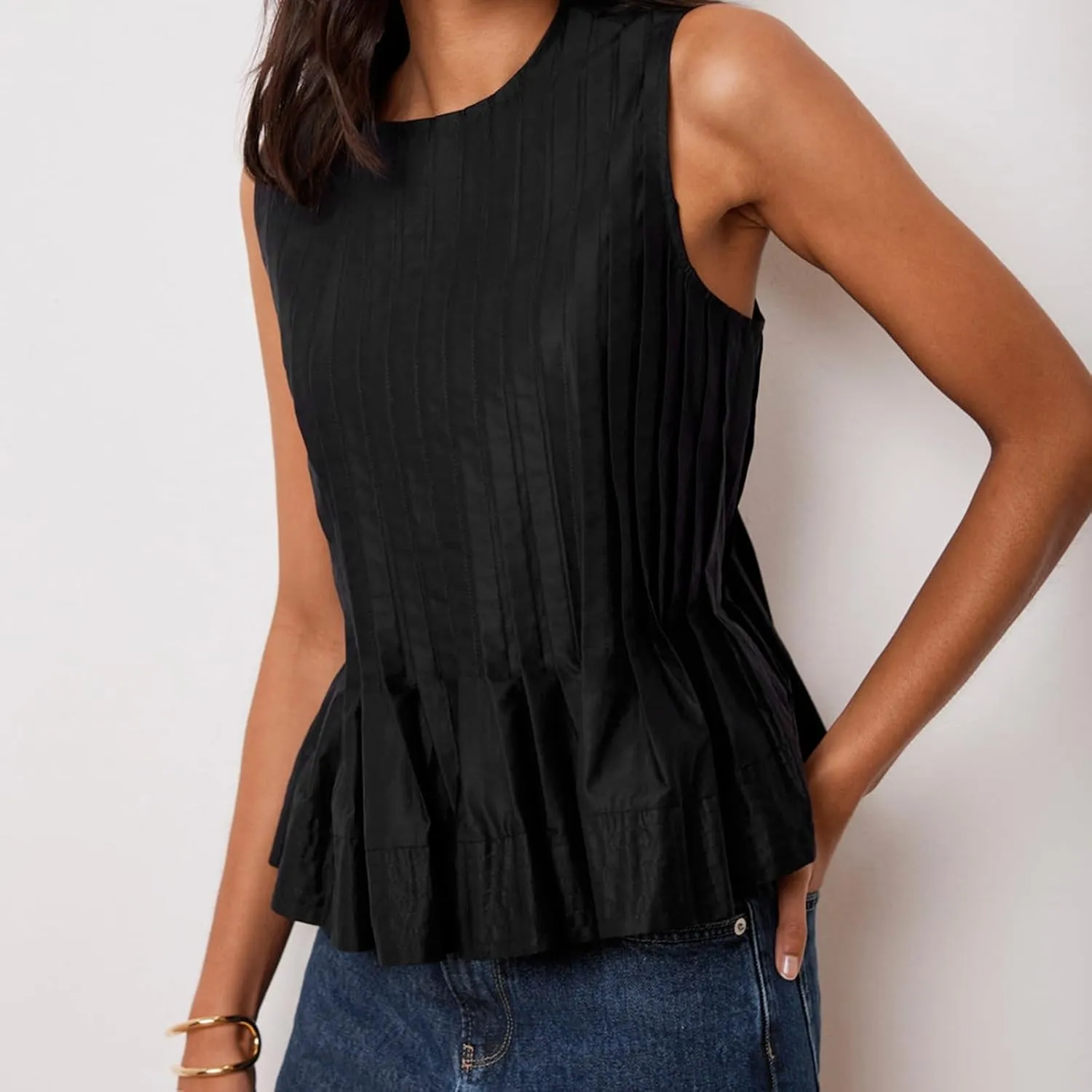Linen Pleated Tank Top for Women Button Front Babydoll Shirt Y2K Sleeveless Ruffle Peplum Blouse Summer Vest