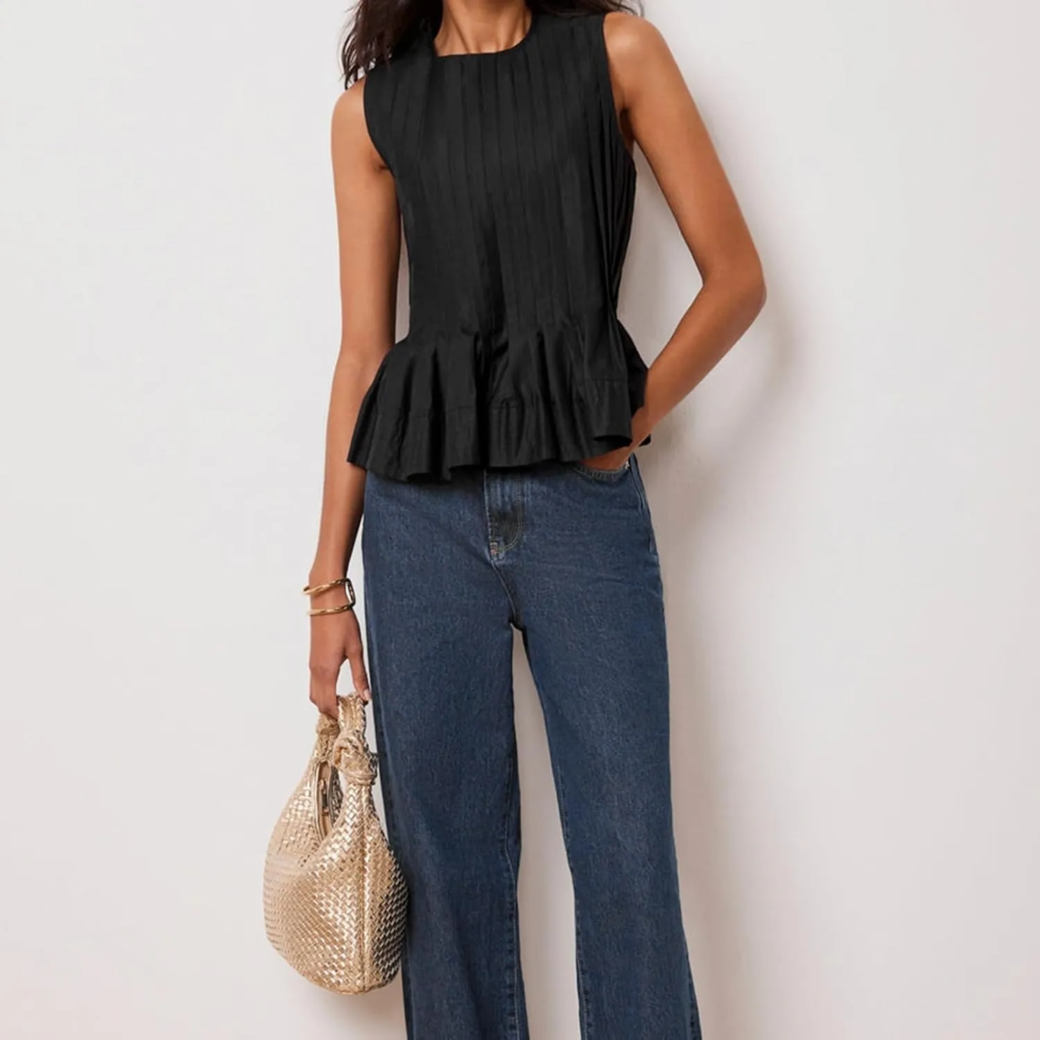 Linen Pleated Tank Top for Women Button Front Babydoll Shirt Y2K Sleeveless Ruffle Peplum Blouse Summer Vest