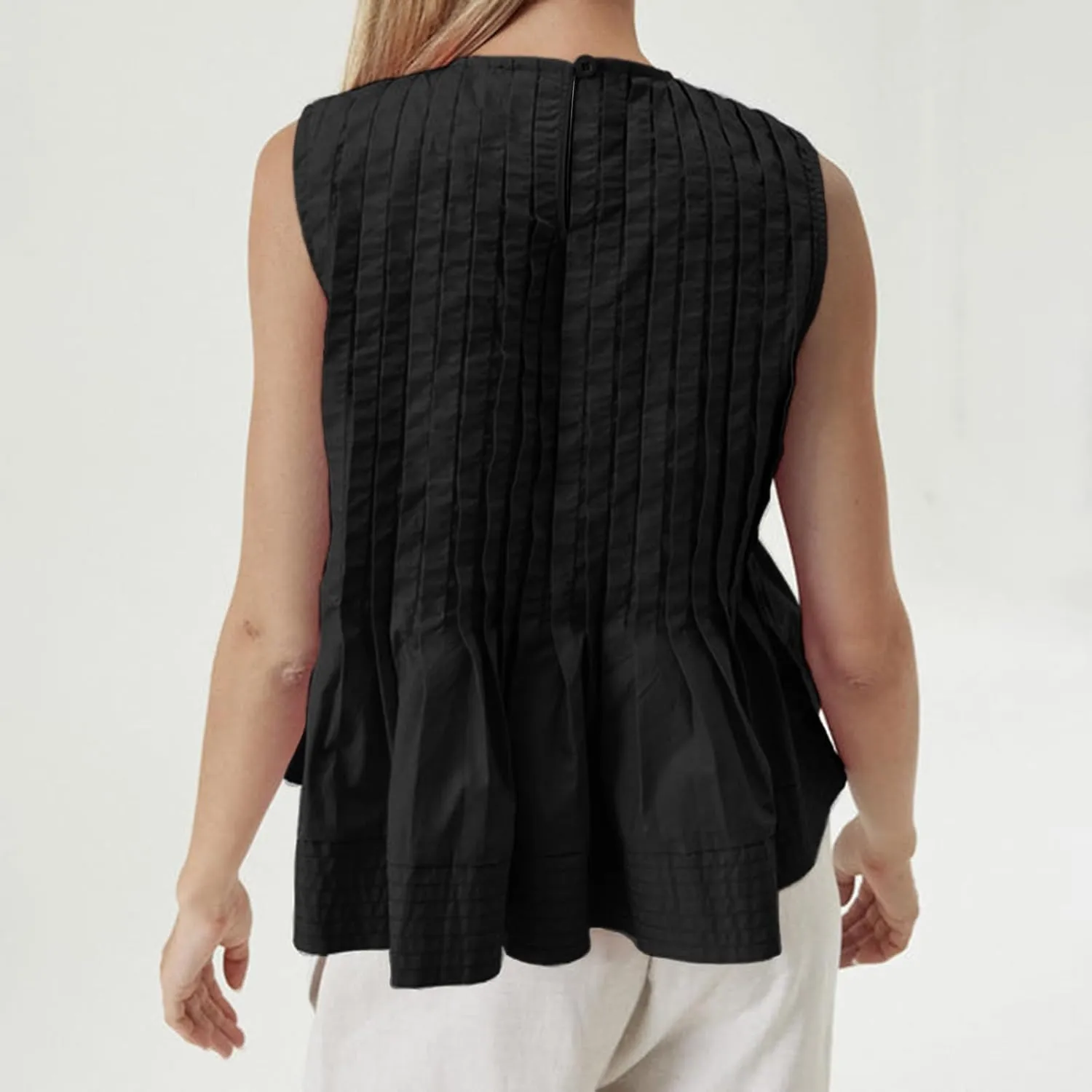 Linen Pleated Tank Top for Women Button Front Babydoll Shirt Y2K Sleeveless Ruffle Peplum Blouse Summer Vest