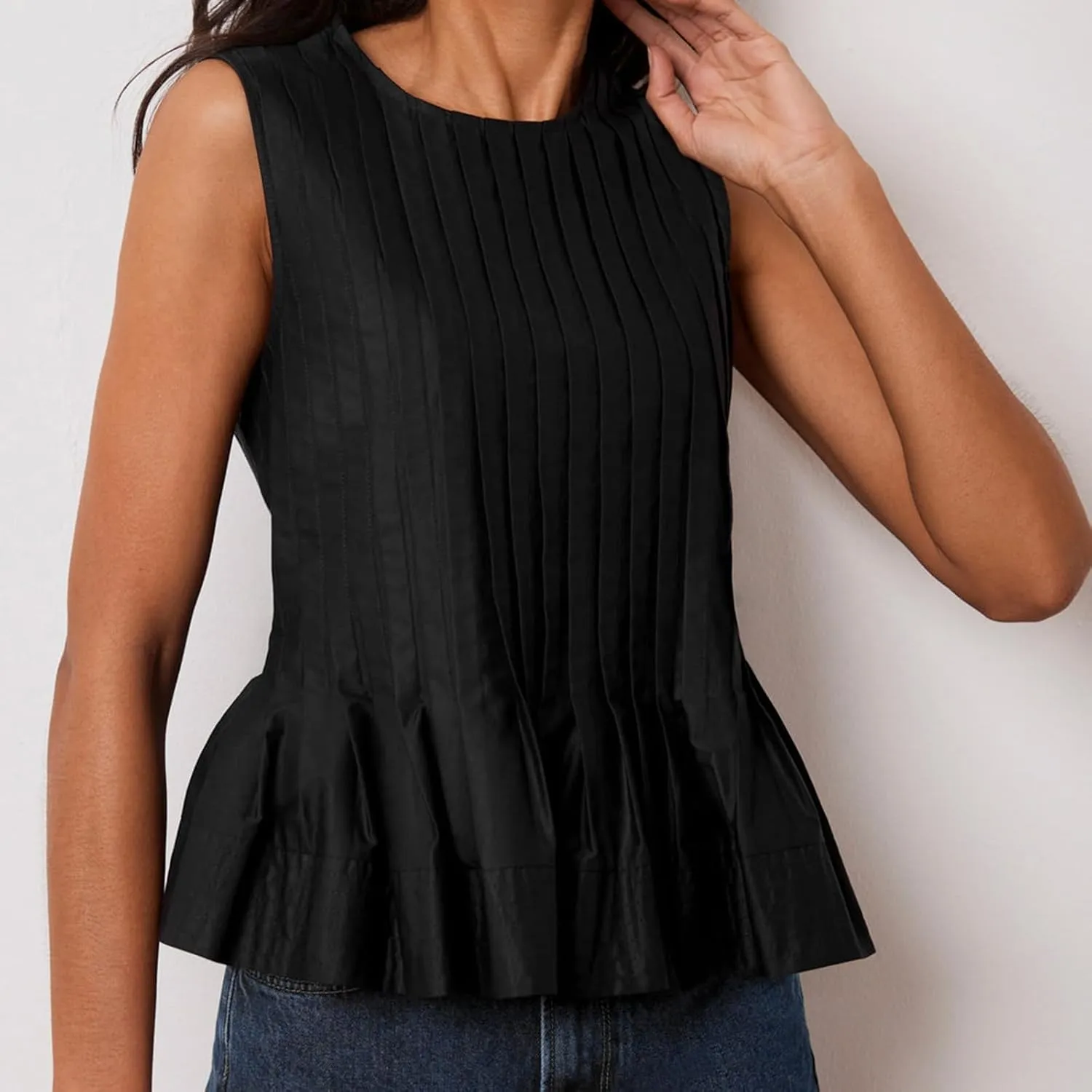 Linen Pleated Tank Top for Women Button Front Babydoll Shirt Y2K Sleeveless Ruffle Peplum Blouse Summer Vest