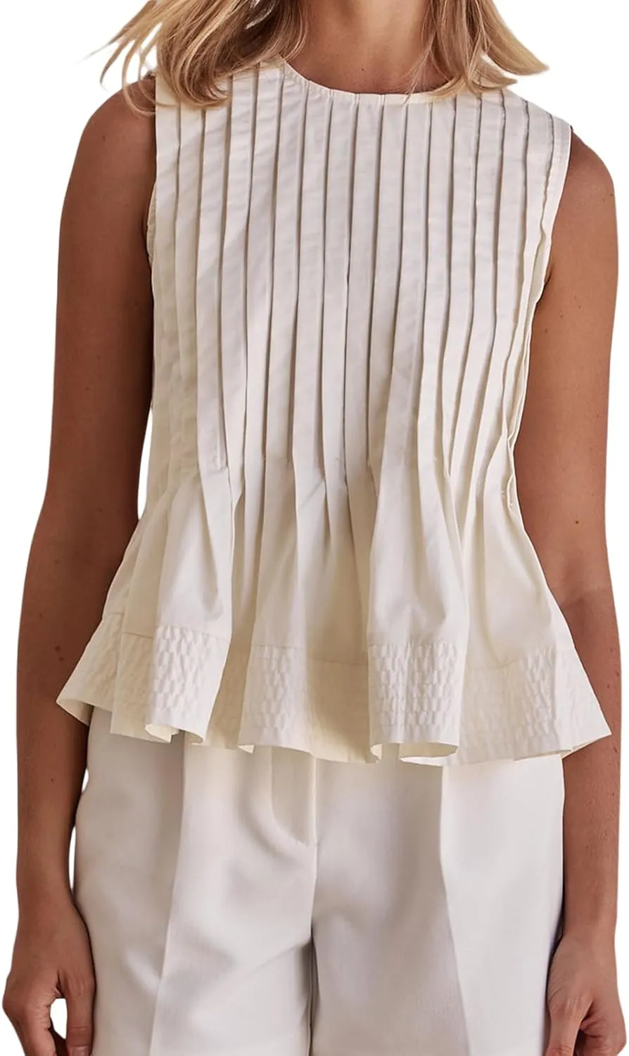 Linen Pleated Tank Top for Women Button Front Babydoll Shirt Y2K Sleeveless Ruffle Peplum Blouse Summer Vest