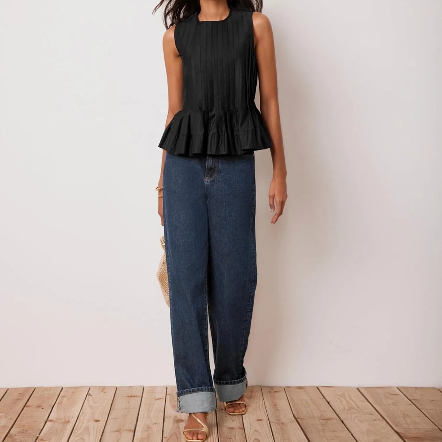 Linen Pleated Tank Top for Women Button Front Babydoll Shirt Y2K Sleeveless Ruffle Peplum Blouse Summer Vest