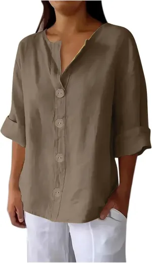 Linen Tops for Women Summer V Neck 3/4 Length Sleeve Womens Tops with Button Roll-Up Sleeve Casual Loose Fit Blouses