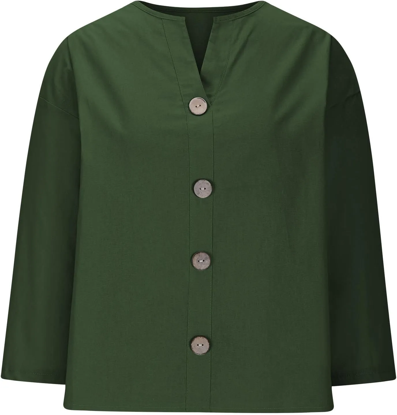 Linen Tops for Women Summer V Neck 3/4 Length Sleeve Womens Tops with Button Roll-Up Sleeve Casual Loose Fit Blouses