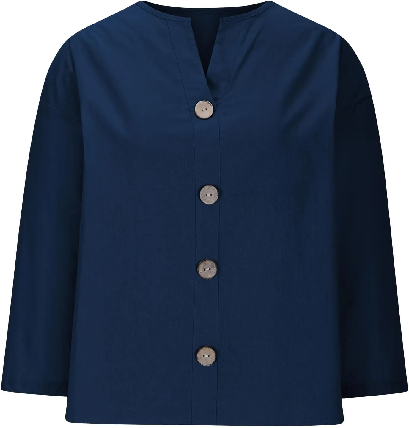 Linen Tops for Women Summer V Neck 3/4 Length Sleeve Womens Tops with Button Roll-Up Sleeve Casual Loose Fit Blouses