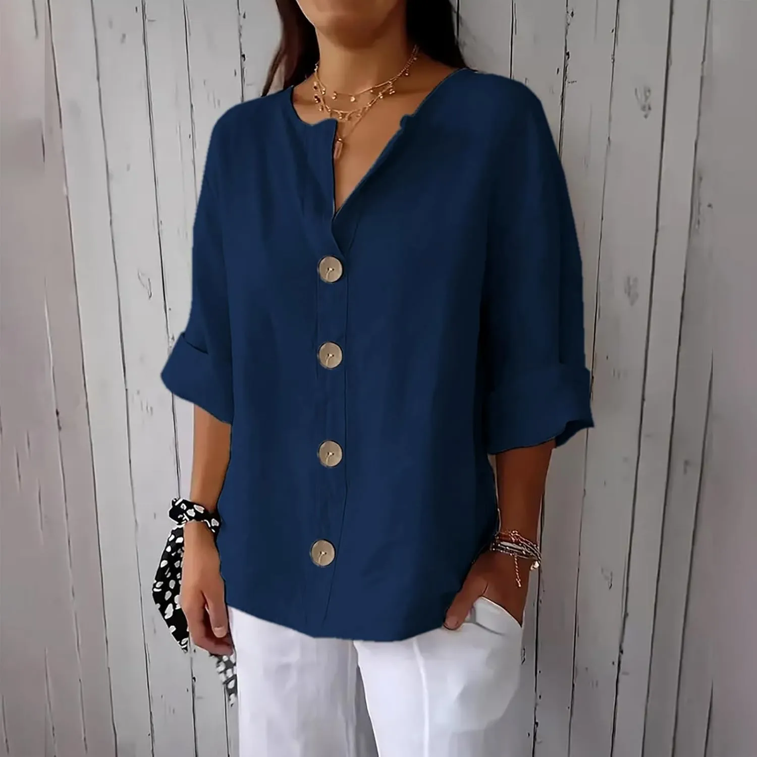 Linen Tops for Women Summer V Neck 3/4 Length Sleeve Womens Tops with Button Roll-Up Sleeve Casual Loose Fit Blouses