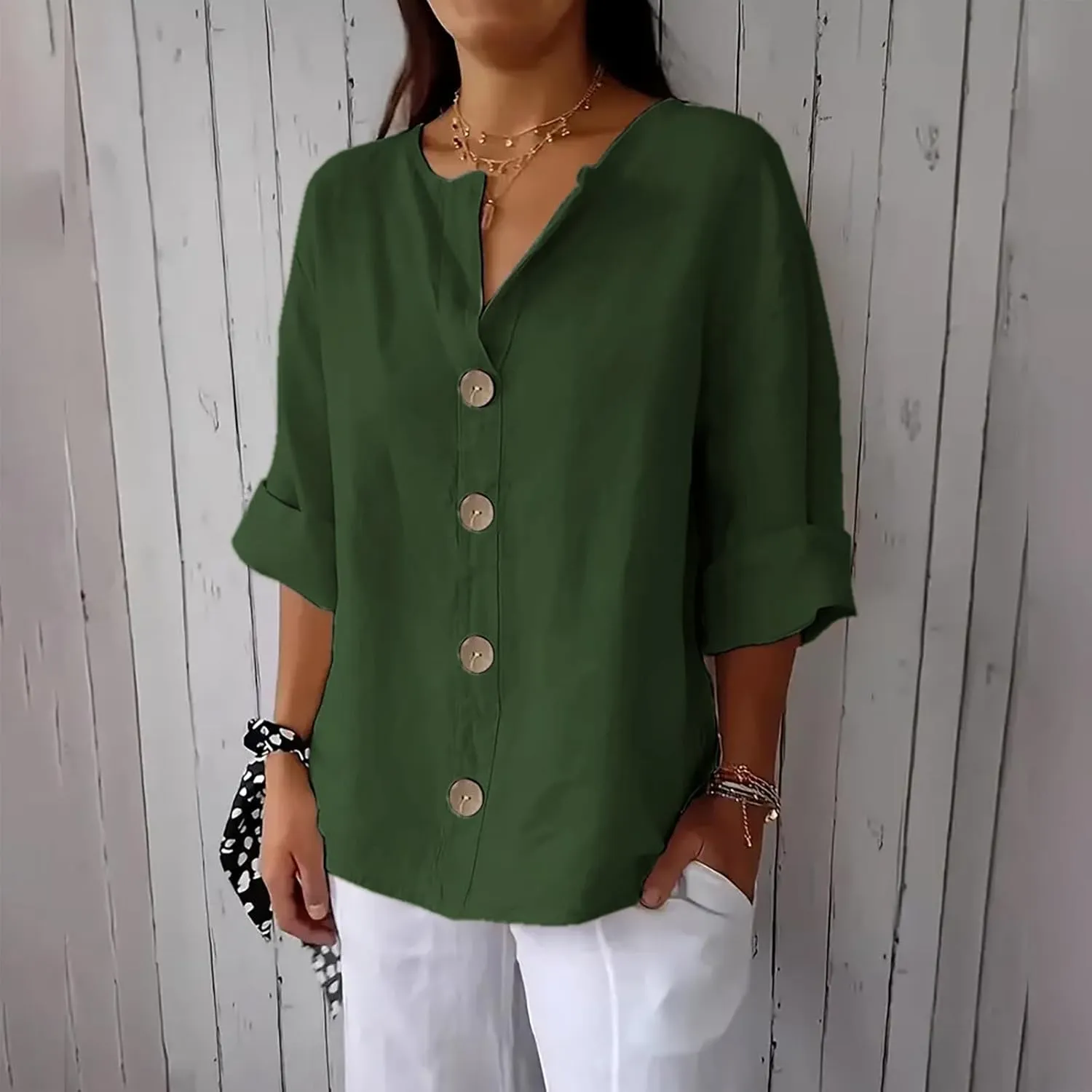Linen Tops for Women Summer V Neck 3/4 Length Sleeve Womens Tops with Button Roll-Up Sleeve Casual Loose Fit Blouses