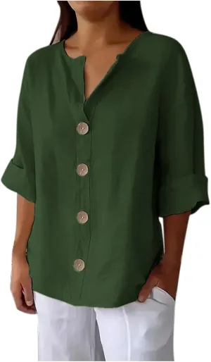 Linen Tops for Women Summer V Neck 3/4 Length Sleeve Womens Tops with Button Roll-Up Sleeve Casual Loose Fit Blouses