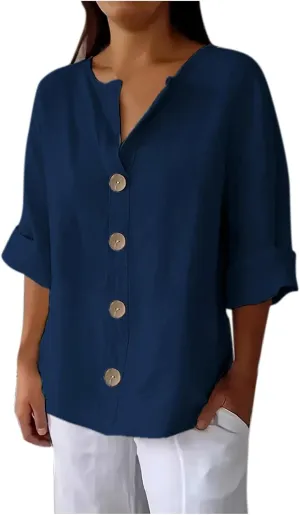 Linen Tops for Women Summer V Neck 3/4 Length Sleeve Womens Tops with Button Roll-Up Sleeve Casual Loose Fit Blouses