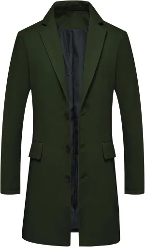 Lisskolo Men's Classic Wool Trench Overcoat Single Breasted Mid Long Wool Blend Top Pea Coats Jackets