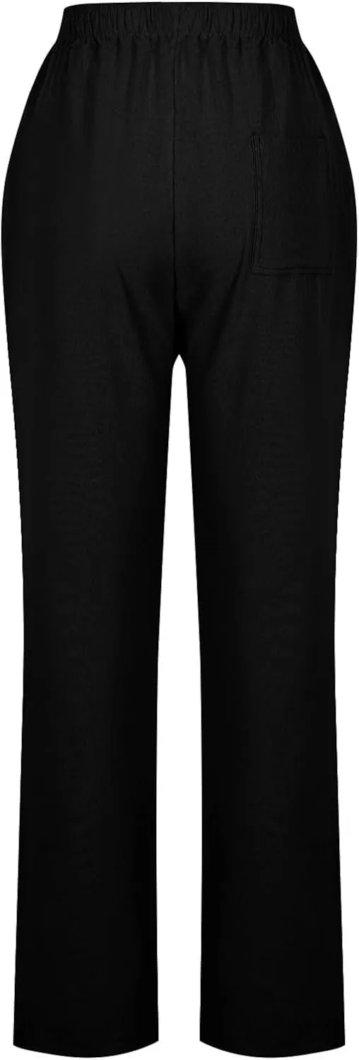 Lmdudan 2025 Women Casual Linen High Waist Pants Drawstring Loose Fit Summer Pants Solid Color Trousers with Pockets