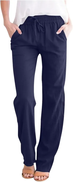 Lmdudan 2025 Women Casual Linen High Waist Pants Drawstring Loose Fit Summer Pants Solid Color Trousers with Pockets