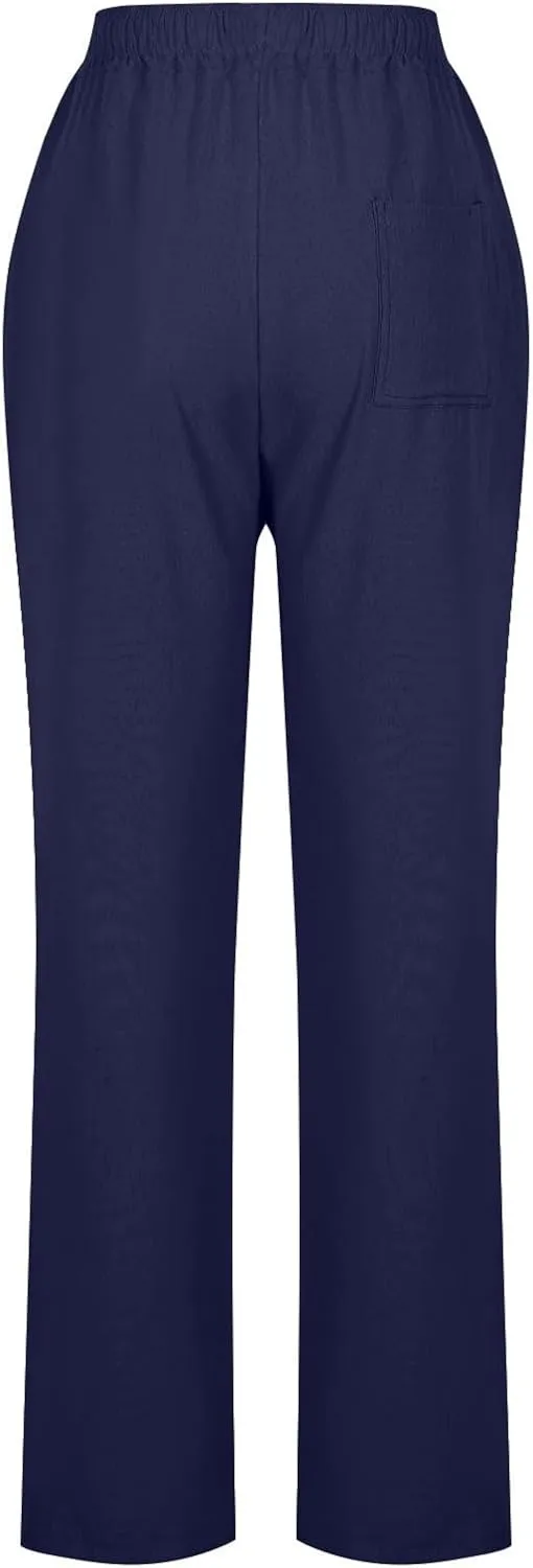 Lmdudan 2025 Women Casual Linen High Waist Pants Drawstring Loose Fit Summer Pants Solid Color Trousers with Pockets