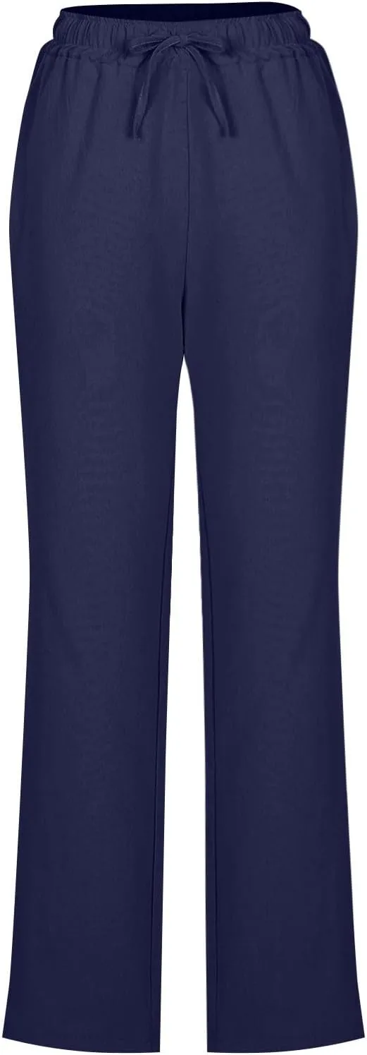 Lmdudan 2025 Women Casual Linen High Waist Pants Drawstring Loose Fit Summer Pants Solid Color Trousers with Pockets