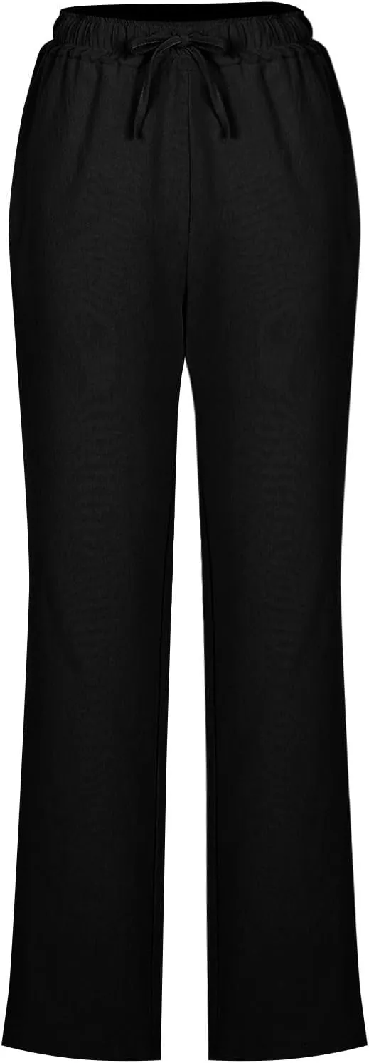 Lmdudan 2025 Women Casual Linen High Waist Pants Drawstring Loose Fit Summer Pants Solid Color Trousers with Pockets