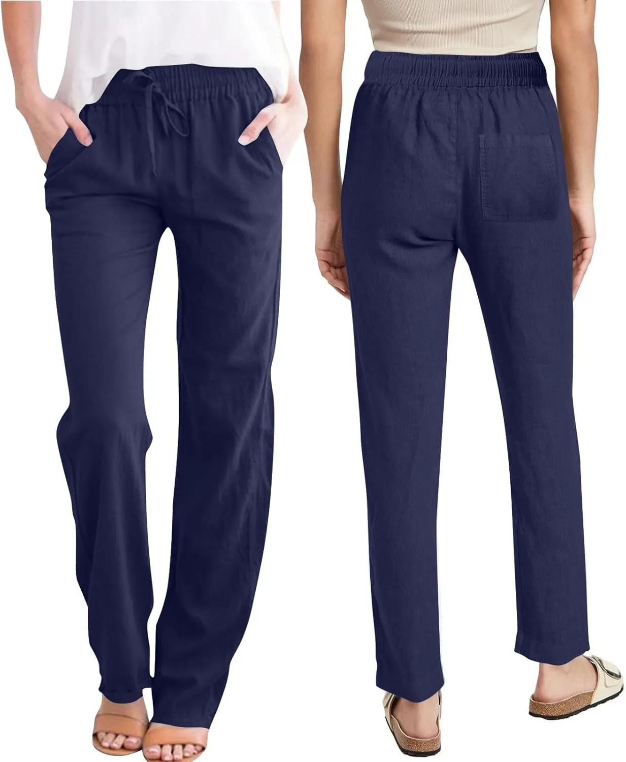 Lmdudan 2025 Women Casual Linen High Waist Pants Drawstring Loose Fit Summer Pants Solid Color Trousers with Pockets