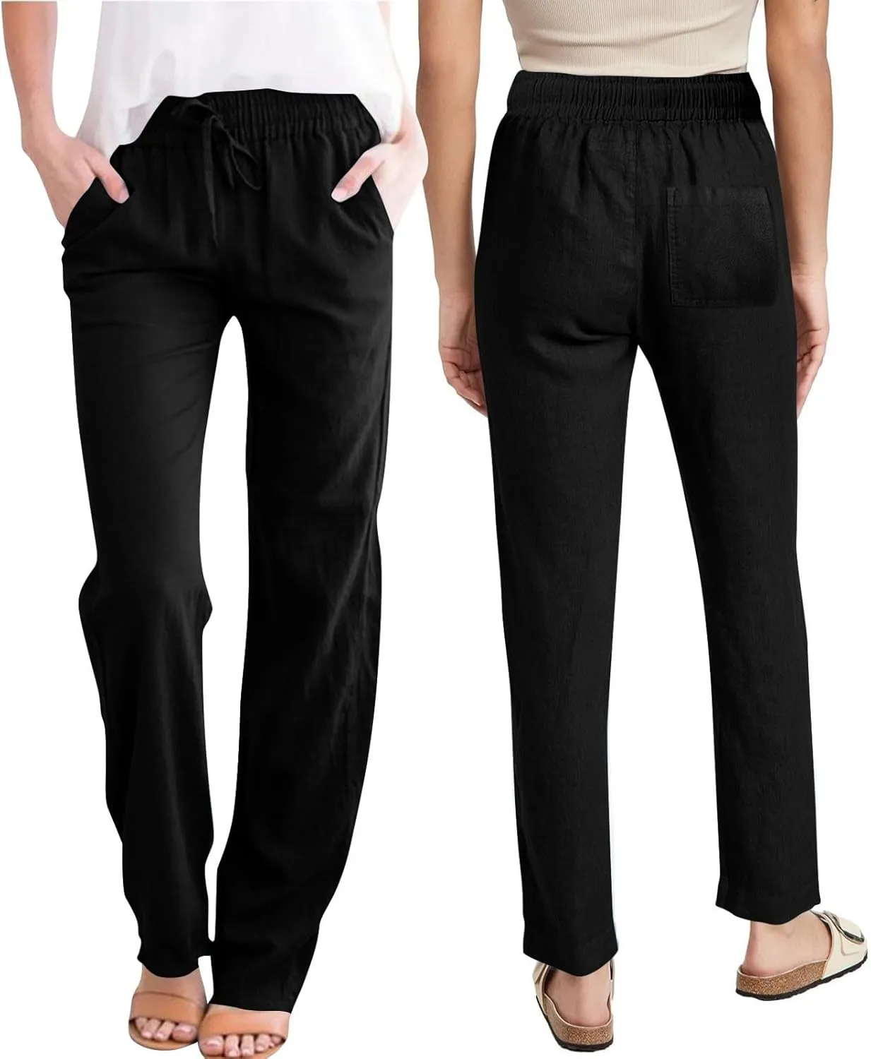 Lmdudan 2025 Women Casual Linen High Waist Pants Drawstring Loose Fit Summer Pants Solid Color Trousers with Pockets