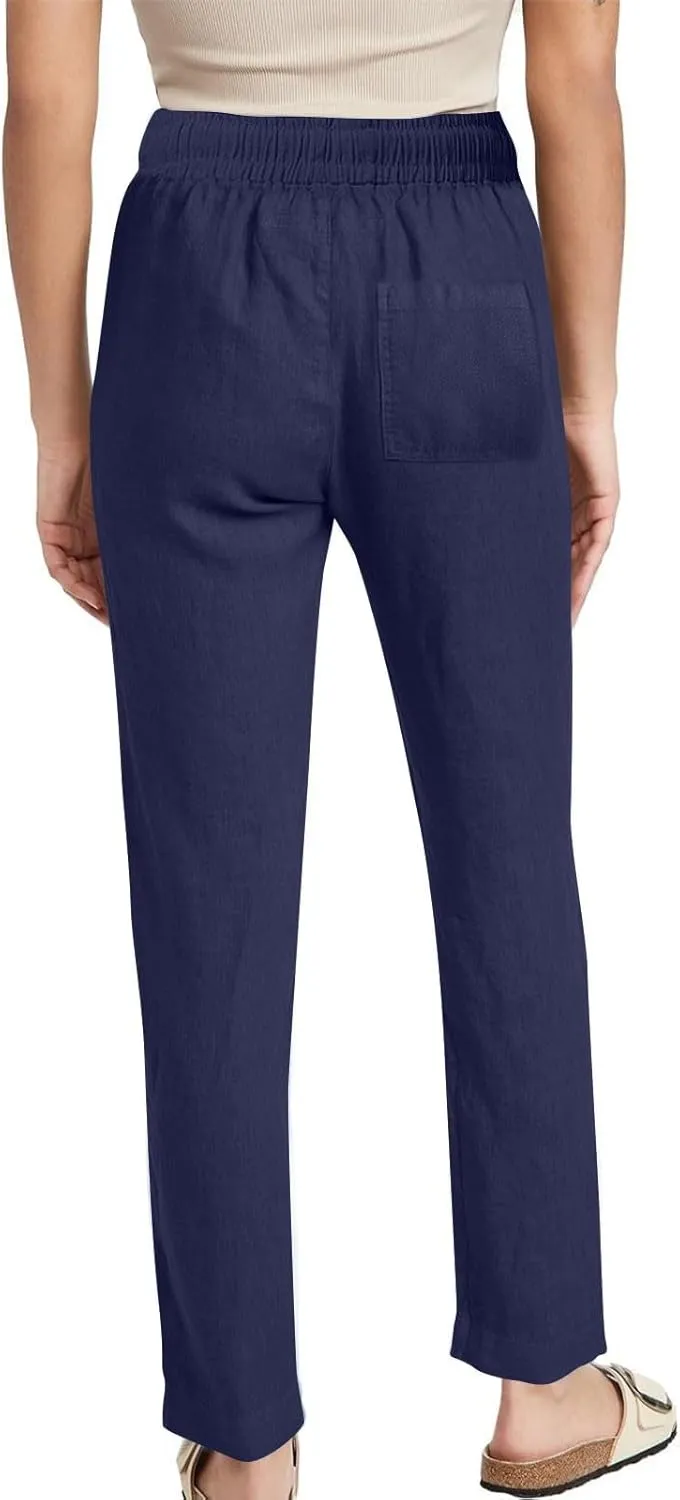 Lmdudan 2025 Women Casual Linen High Waist Pants Drawstring Loose Fit Summer Pants Solid Color Trousers with Pockets