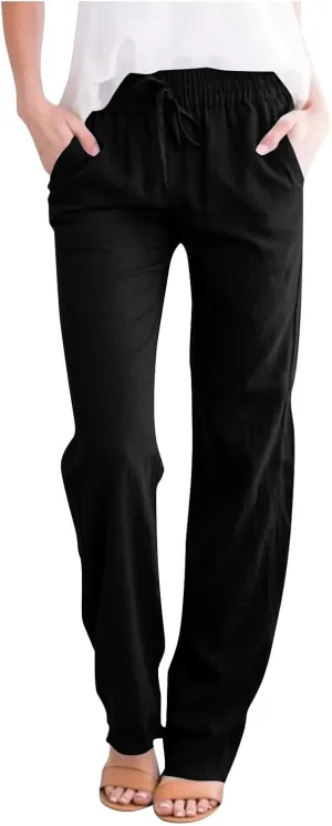 Lmdudan 2025 Women Casual Linen High Waist Pants Drawstring Loose Fit Summer Pants Solid Color Trousers with Pockets