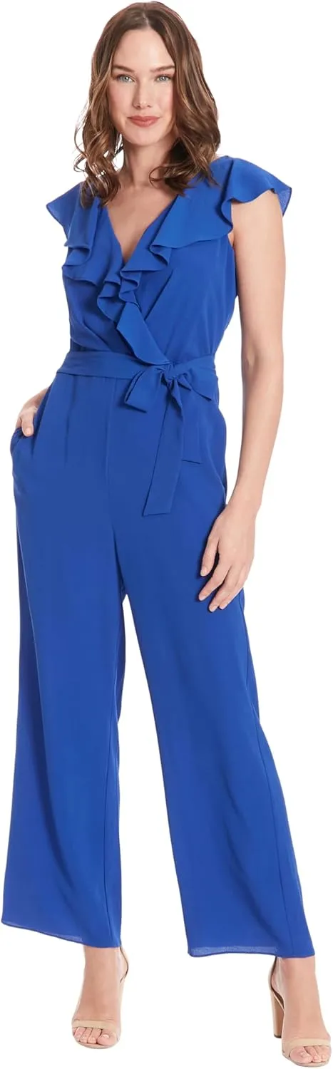 London Times womens Ruffle V-neck Sleeveless Jumpsuit for Women | Multi Occasion | Jumpsuits for Women Casual