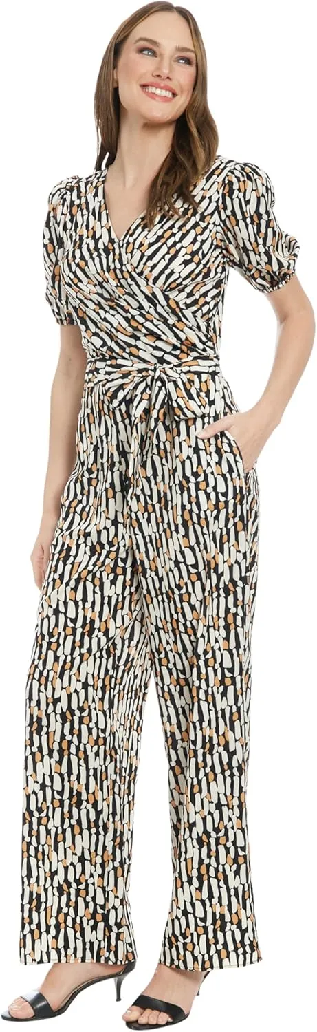 London Times womens Women's Short Sleeve Wrap Jumpsuit With Pockets - Wide Leg Fitted Waist - Special Occasion Jumpsuits