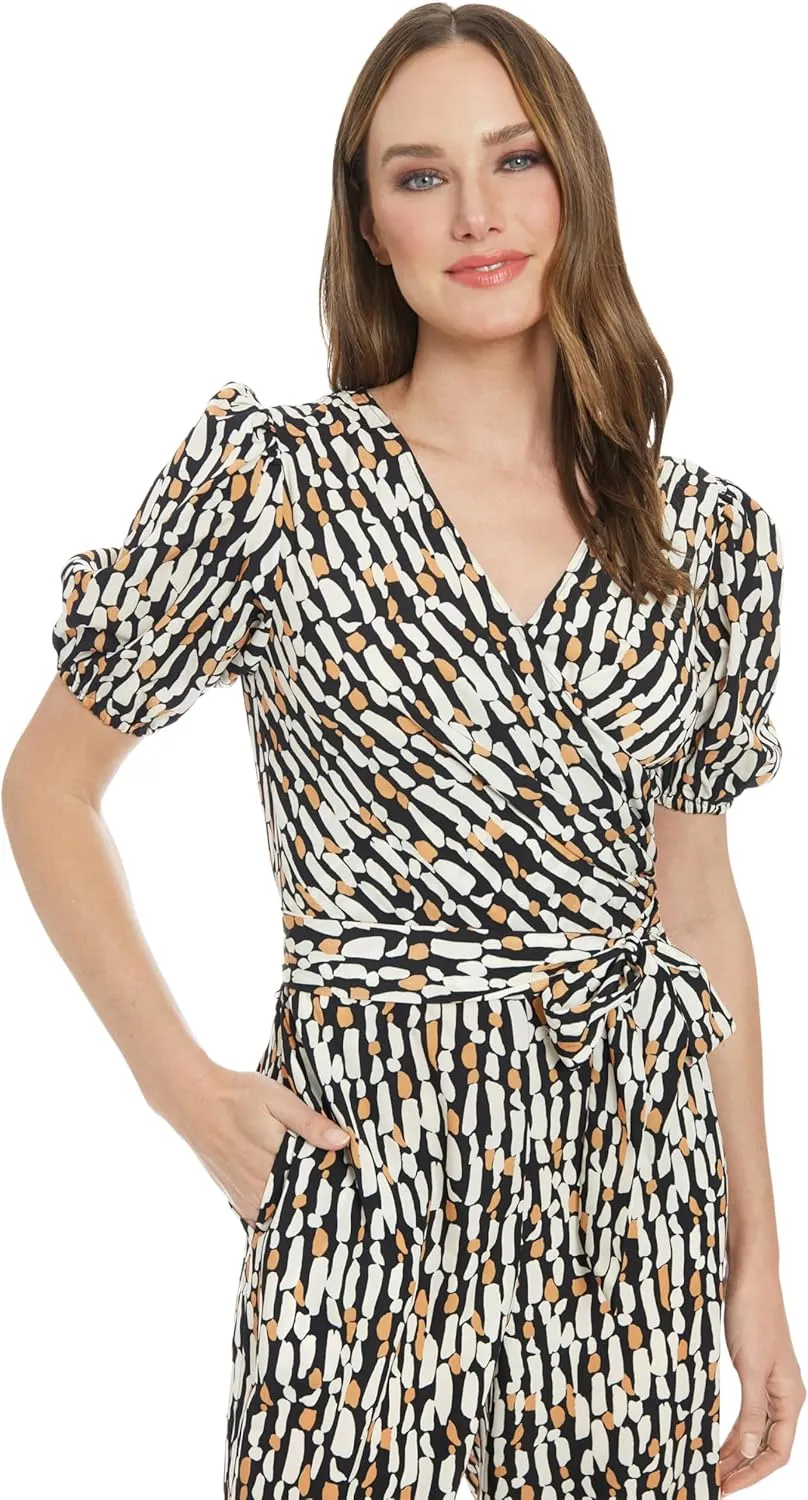London Times womens Women's Short Sleeve Wrap Jumpsuit With Pockets - Wide Leg Fitted Waist - Special Occasion Jumpsuits