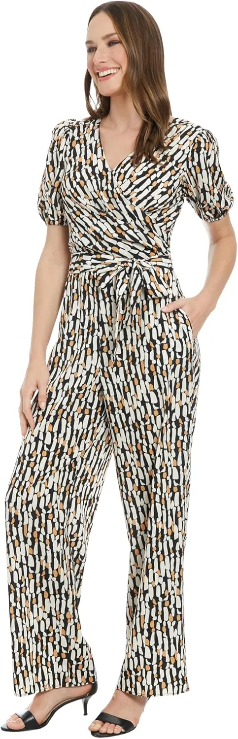 London Times womens Women's Short Sleeve Wrap Jumpsuit With Pockets - Wide Leg Fitted Waist - Special Occasion Jumpsuits