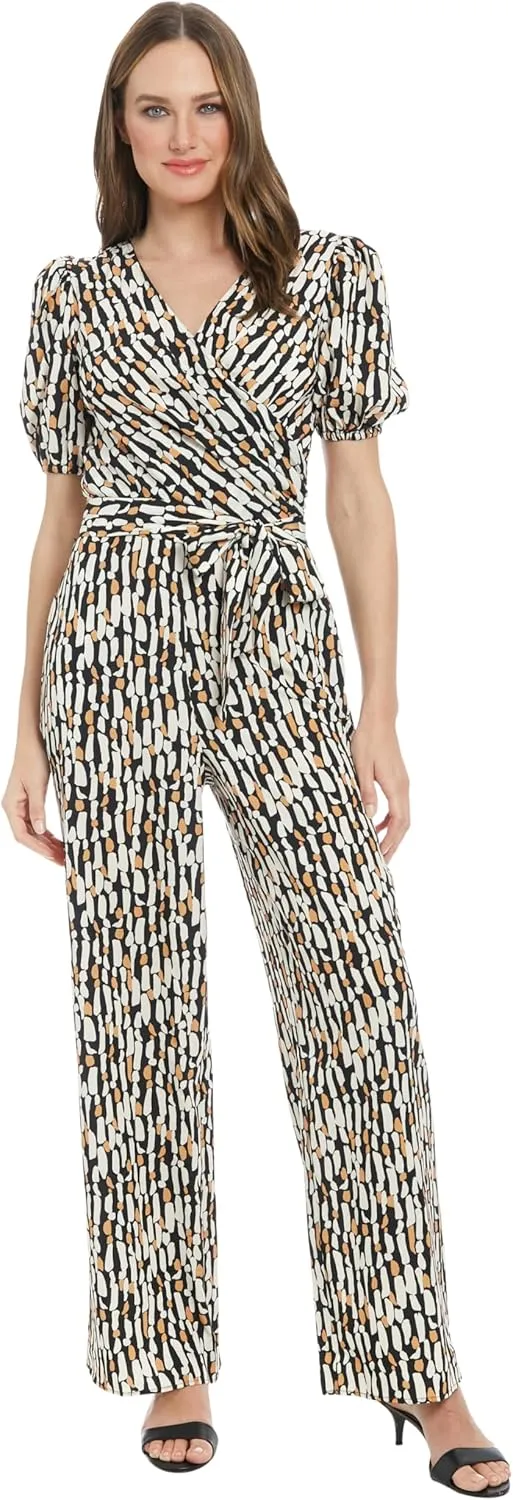 London Times womens Women's Short Sleeve Wrap Jumpsuit With Pockets - Wide Leg Fitted Waist - Special Occasion Jumpsuits