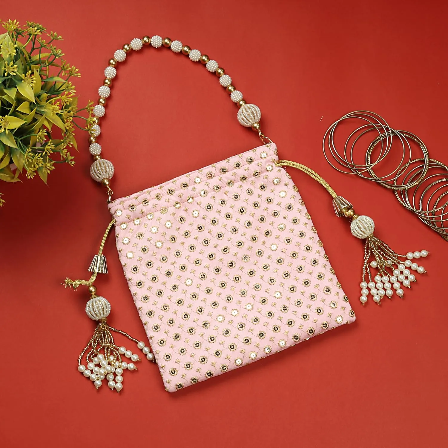 LONGING TO BUY Indian Embroidered Pearl Potli Bag For Women, Sequence Design with Tassel, Wedding Potli Bags