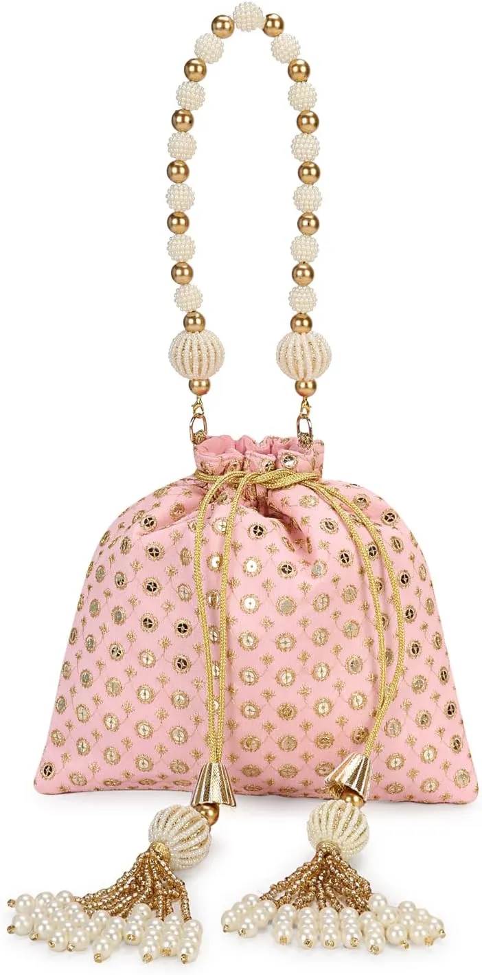 LONGING TO BUY Indian Embroidered Pearl Potli Bag For Women, Sequence Design with Tassel, Wedding Potli Bags