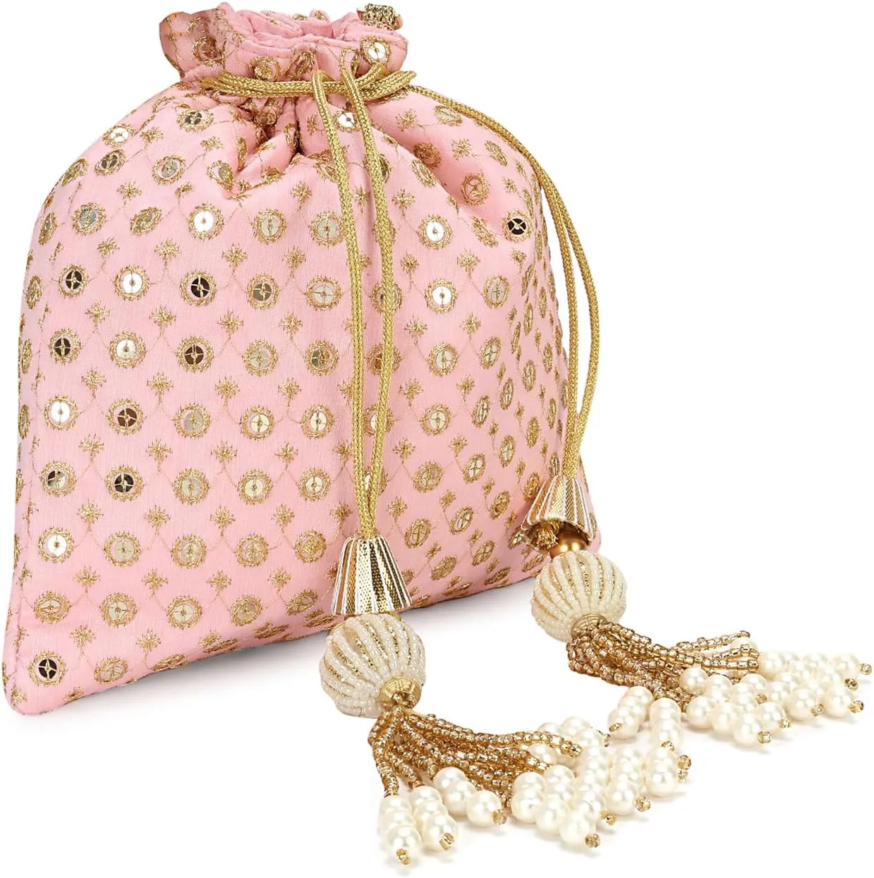 LONGING TO BUY Indian Embroidered Pearl Potli Bag For Women, Sequence Design with Tassel, Wedding Potli Bags