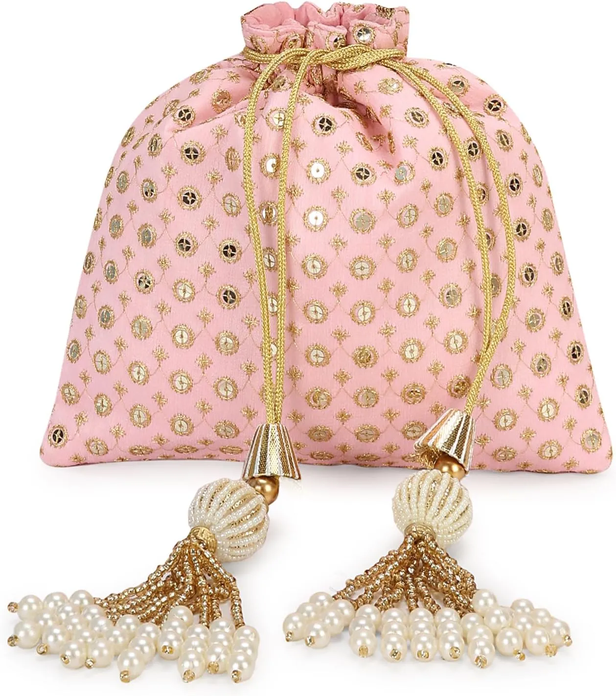LONGING TO BUY Indian Embroidered Pearl Potli Bag For Women, Sequence Design with Tassel, Wedding Potli Bags