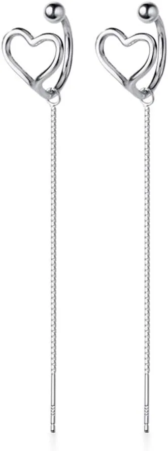 Love Heart Ear Cuffs Tassel Threader Dangling Earrings Sterling Silver for Women Dainty Long Chain Wrap Cartilage Earring Cute Jewelry Christmas Gifts