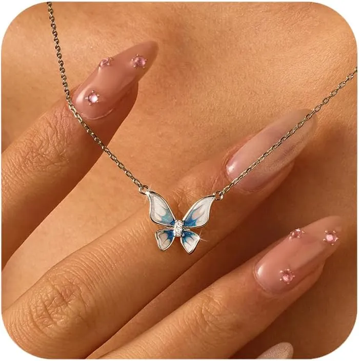 LOVECOM Cute Butterfly Necklaces for Women 14K Gold Plated Blue Enamel Butterfly Insect Choker Pendant Necklace 925 Sterling Silver CZ Charm Chain Necklace Jewelry Birthday Gifts to Daughter