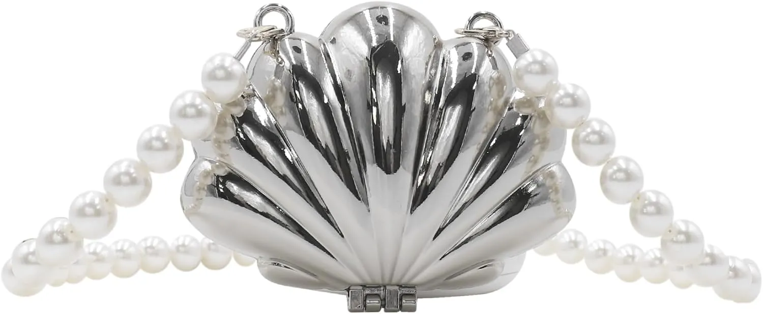 Lovely Shell Purse Beaded Pearl Chain Evening Bag Acrylic Glitter Seashell Cross-body Clutch Handbag for Party Banquet