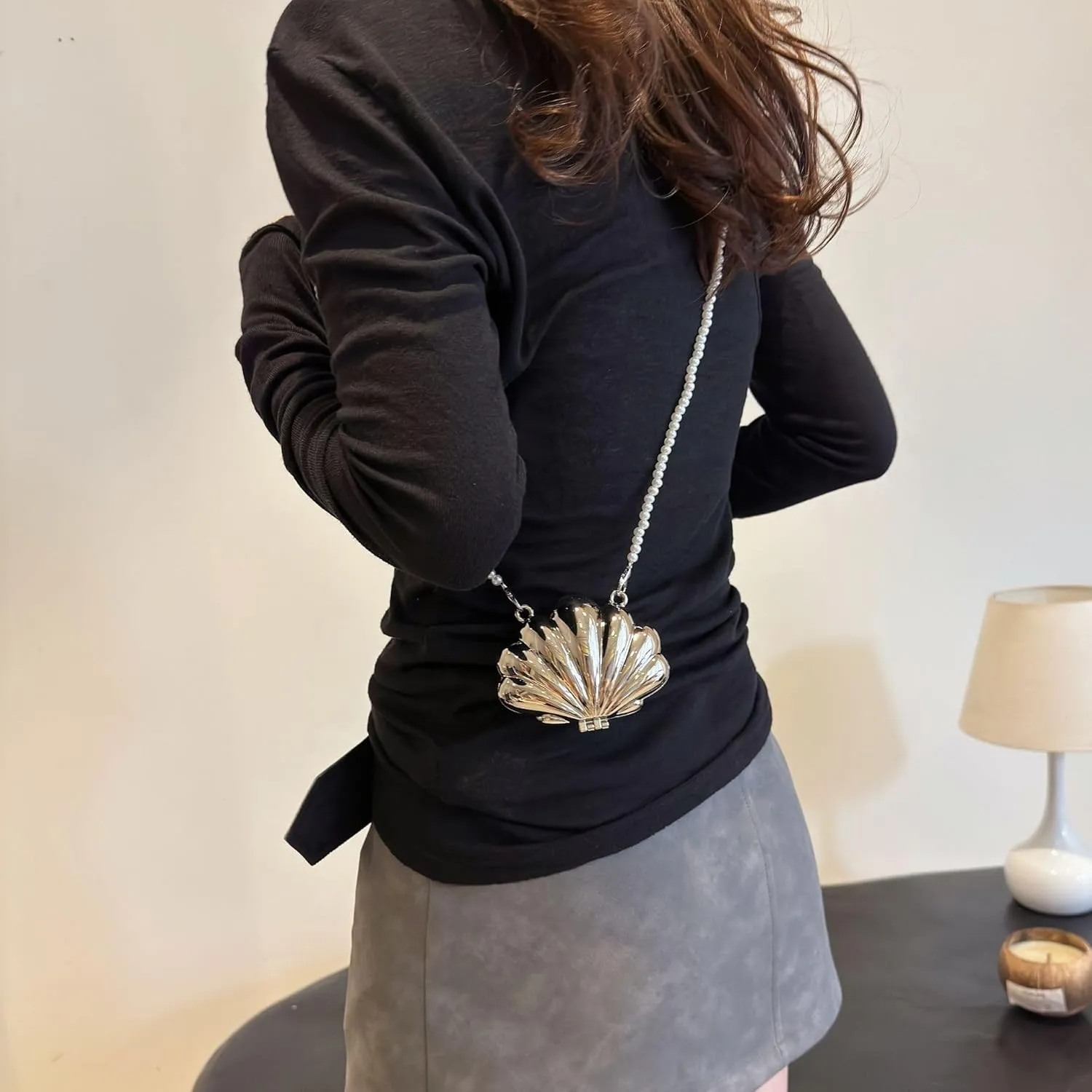 Lovely Shell Purse Beaded Pearl Chain Evening Bag Acrylic Glitter Seashell Cross-body Clutch Handbag for Party Banquet