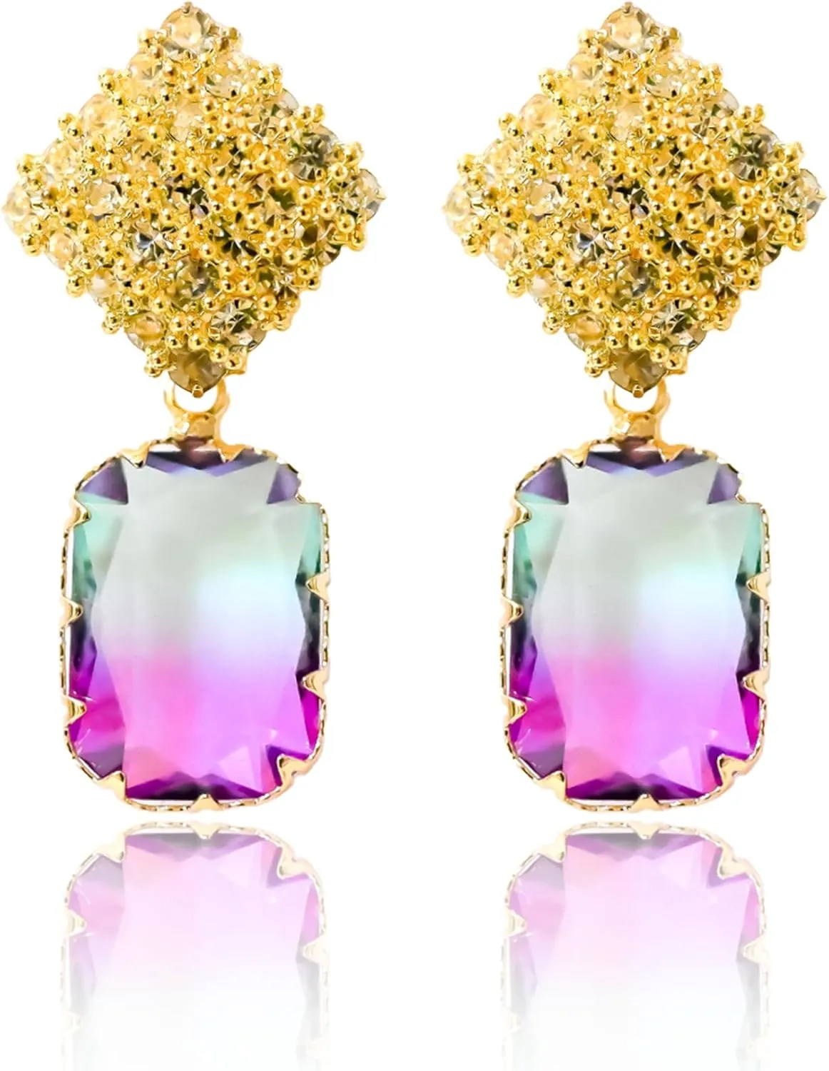 Luxury Drop Earrings - Gold-Plated Brass with Vintage Rectangular Crystal and Delicate Seed Bead Detailing, Perfect for Evening and Everyday Wear