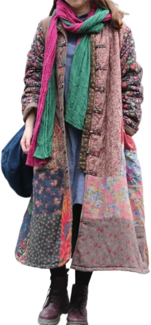 LUZU JUNU Women's Trench Coat Floral Print Long Cotton Linen Jacke Cottagecore Clothing Patchwork Outwear Bohemian unique