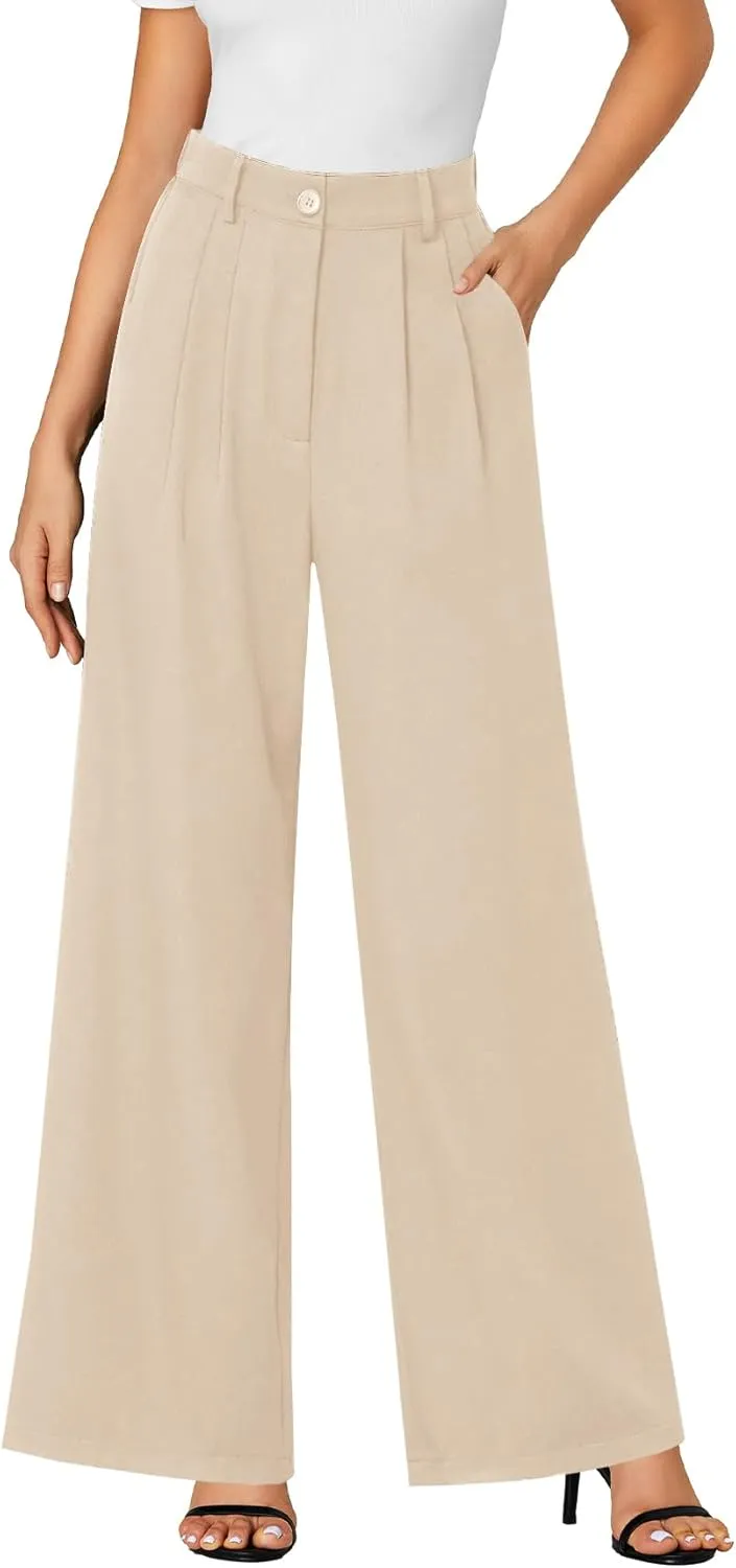 LYANER Women's High Waist Casual Wide Leg Long Palazzo Pants Button Down Loose Business Work Office Trousers with Pockets
