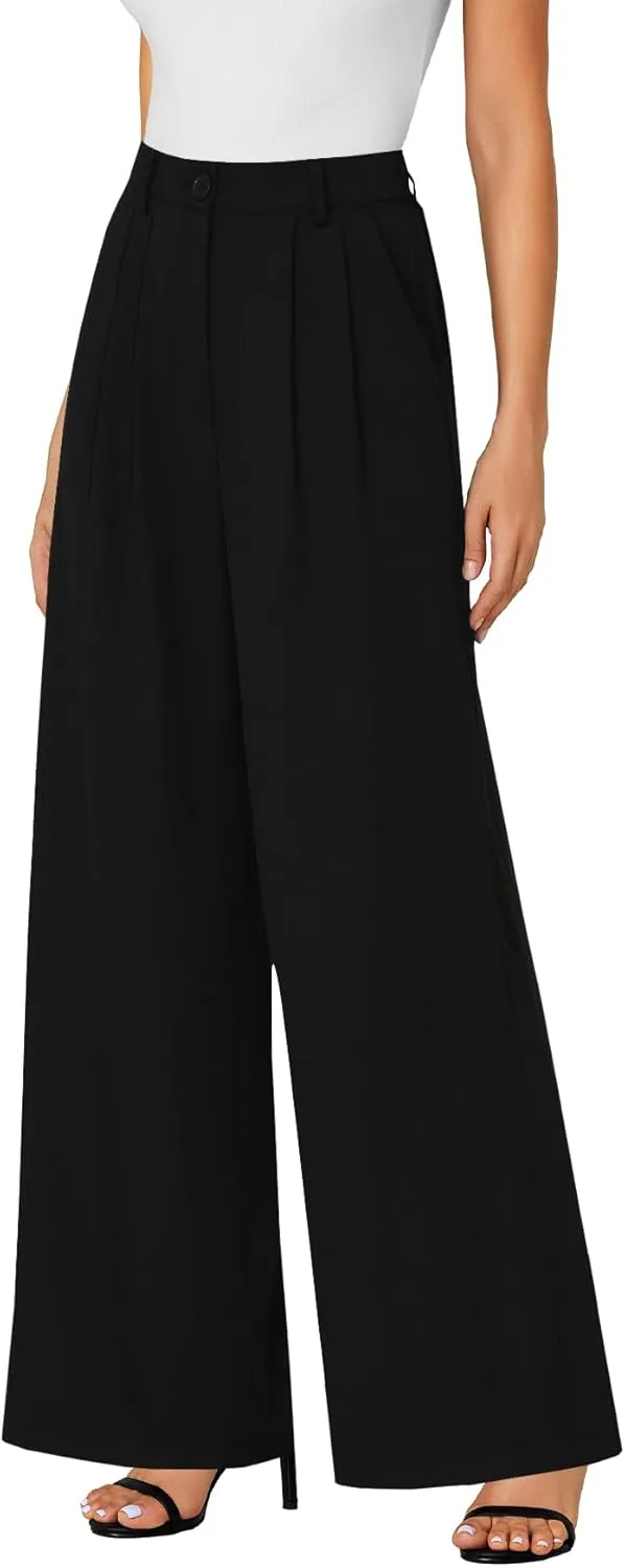 LYANER Women's High Waist Casual Wide Leg Long Palazzo Pants Button Down Loose Business Work Office Trousers with Pockets