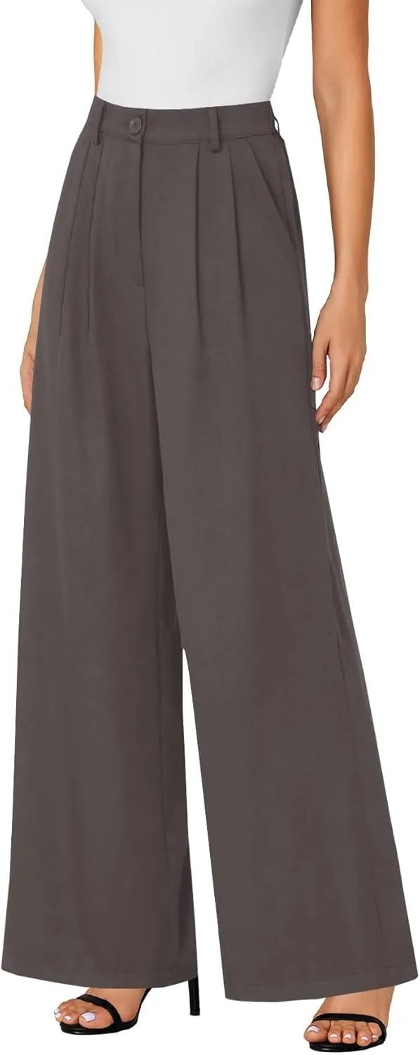 LYANER Women's High Waist Casual Wide Leg Long Palazzo Pants Button Down Loose Business Work Office Trousers with Pockets