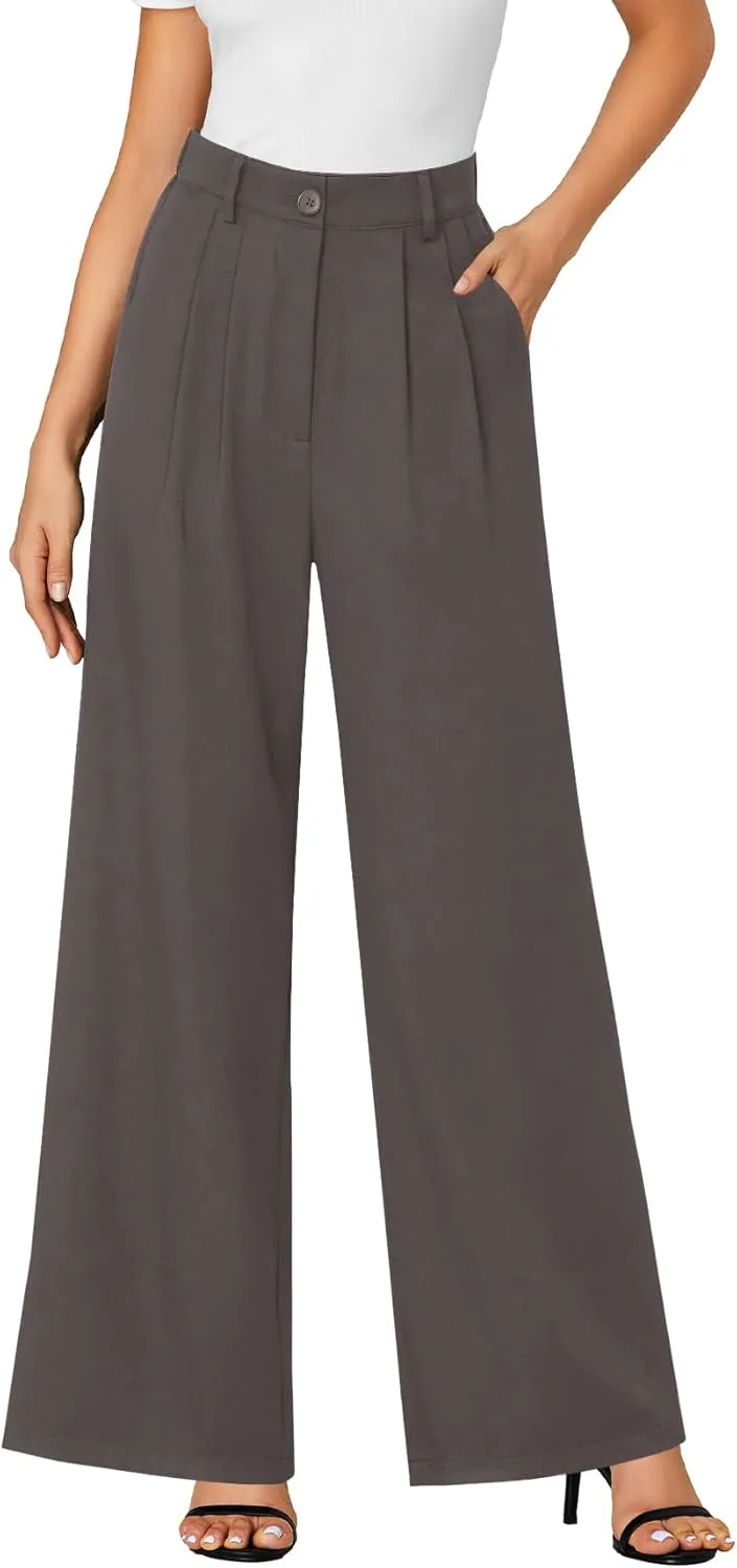 LYANER Women's High Waist Casual Wide Leg Long Palazzo Pants Button Down Loose Business Work Office Trousers with Pockets