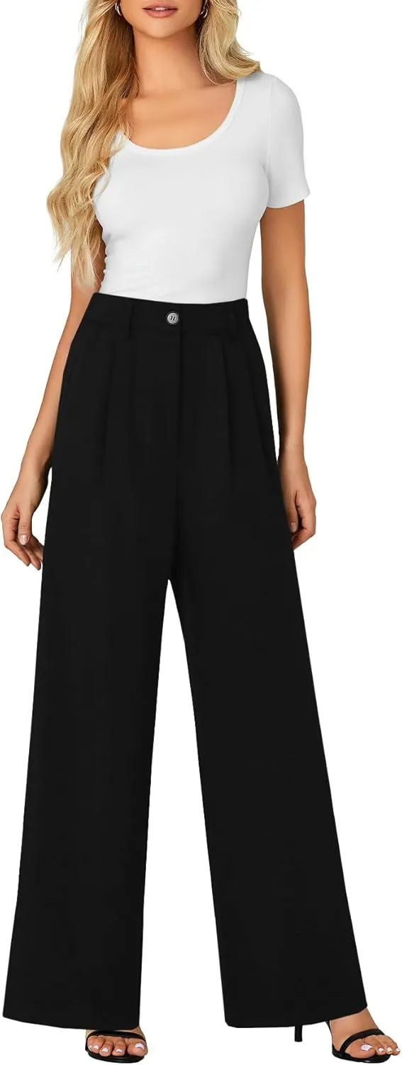 LYANER Women's High Waist Casual Wide Leg Long Palazzo Pants Button Down Loose Business Work Office Trousers with Pockets