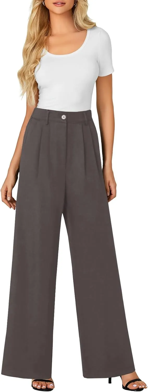 LYANER Women's High Waist Casual Wide Leg Long Palazzo Pants Button Down Loose Business Work Office Trousers with Pockets