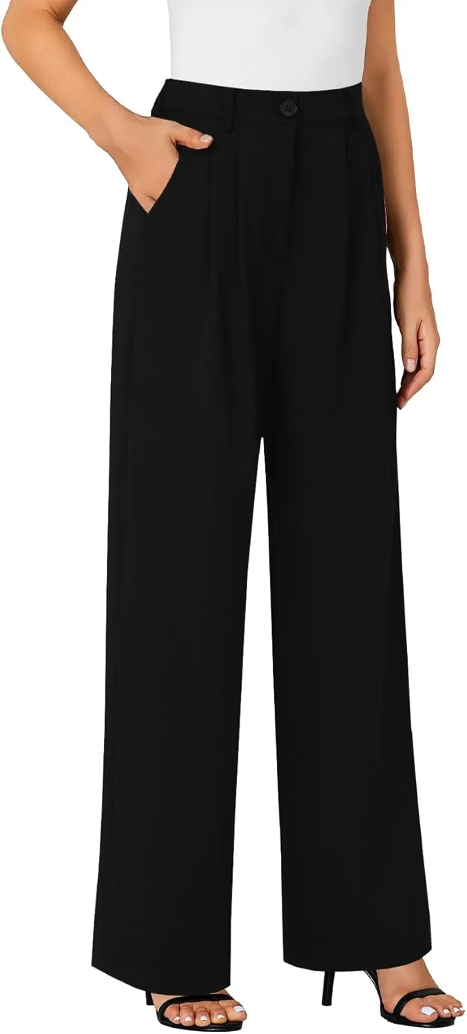 LYANER Women's High Waist Casual Wide Leg Long Palazzo Pants Button Down Loose Business Work Office Trousers with Pockets