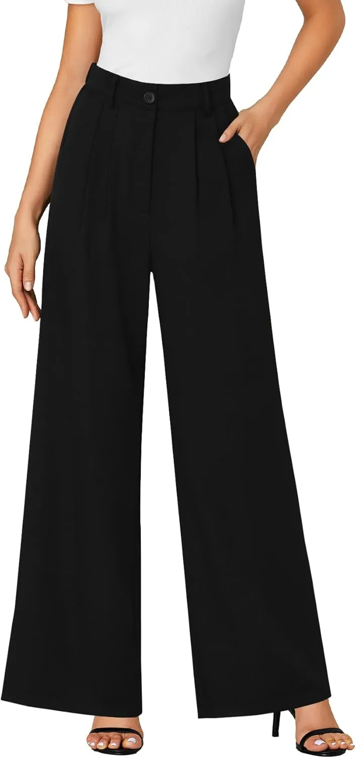 LYANER Women's High Waist Casual Wide Leg Long Palazzo Pants Button Down Loose Business Work Office Trousers with Pockets
