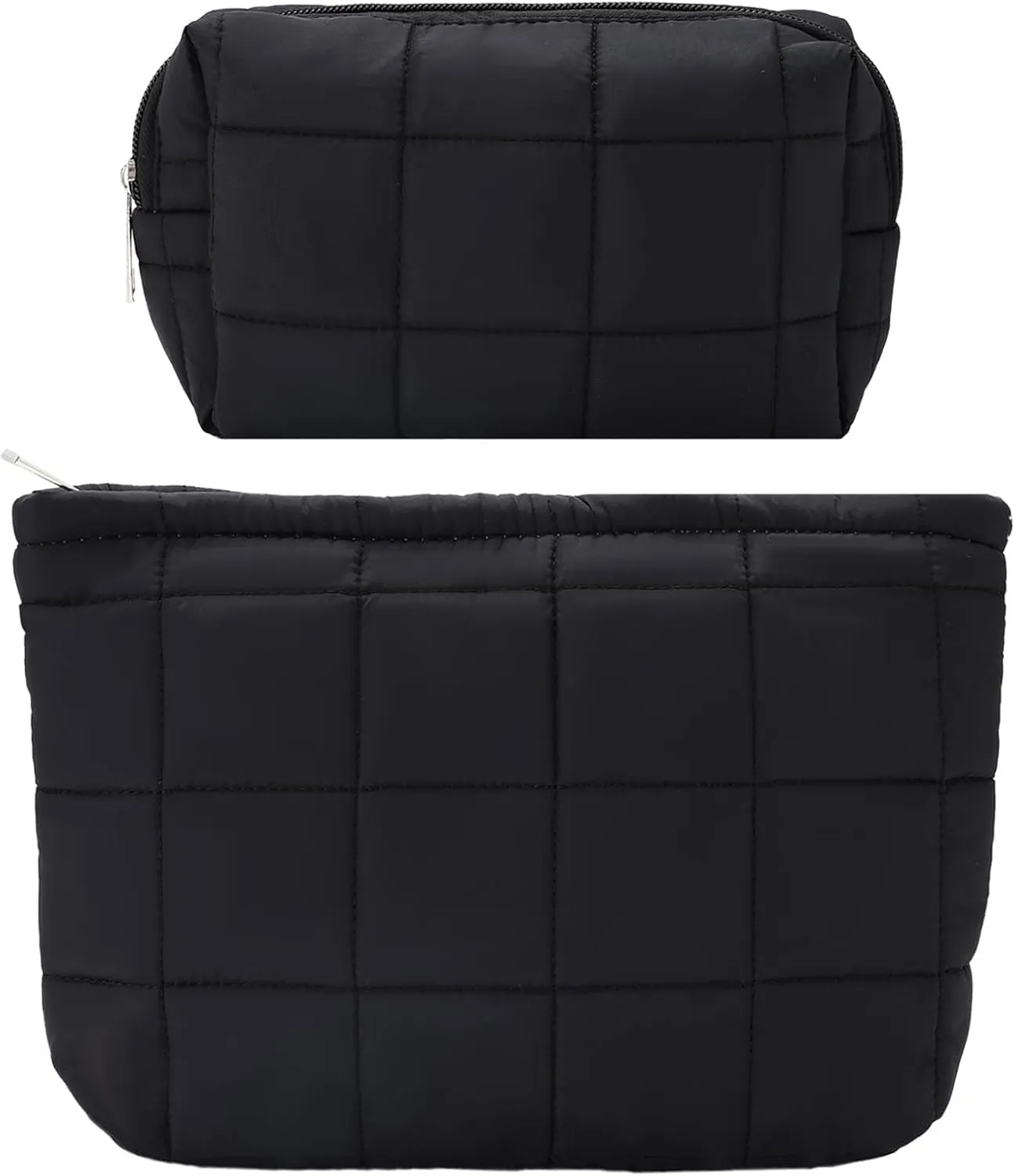 LYDZTION 2Pcs Puffy Quilted Checkered Makeup Pouch Organizing Travel Bag, Black