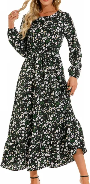 Maxi Dresses for Women Fall Small Floral Printed Elastic Waist Ruffle Hem Dress Long Sleeve Comfy Flowy Long Dresses